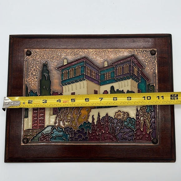 Vintage Handmade Greek Aethra Enameled Copper Wall Hanging with Wooden Frame - Picture 10 of 11